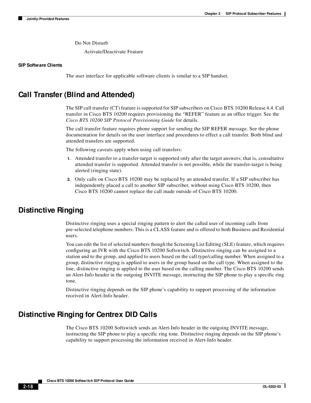 Cisco Systems BTS 10200 manual Call Transfer Blind and Attended, Distinctive Ringing for Centrex did Calls 