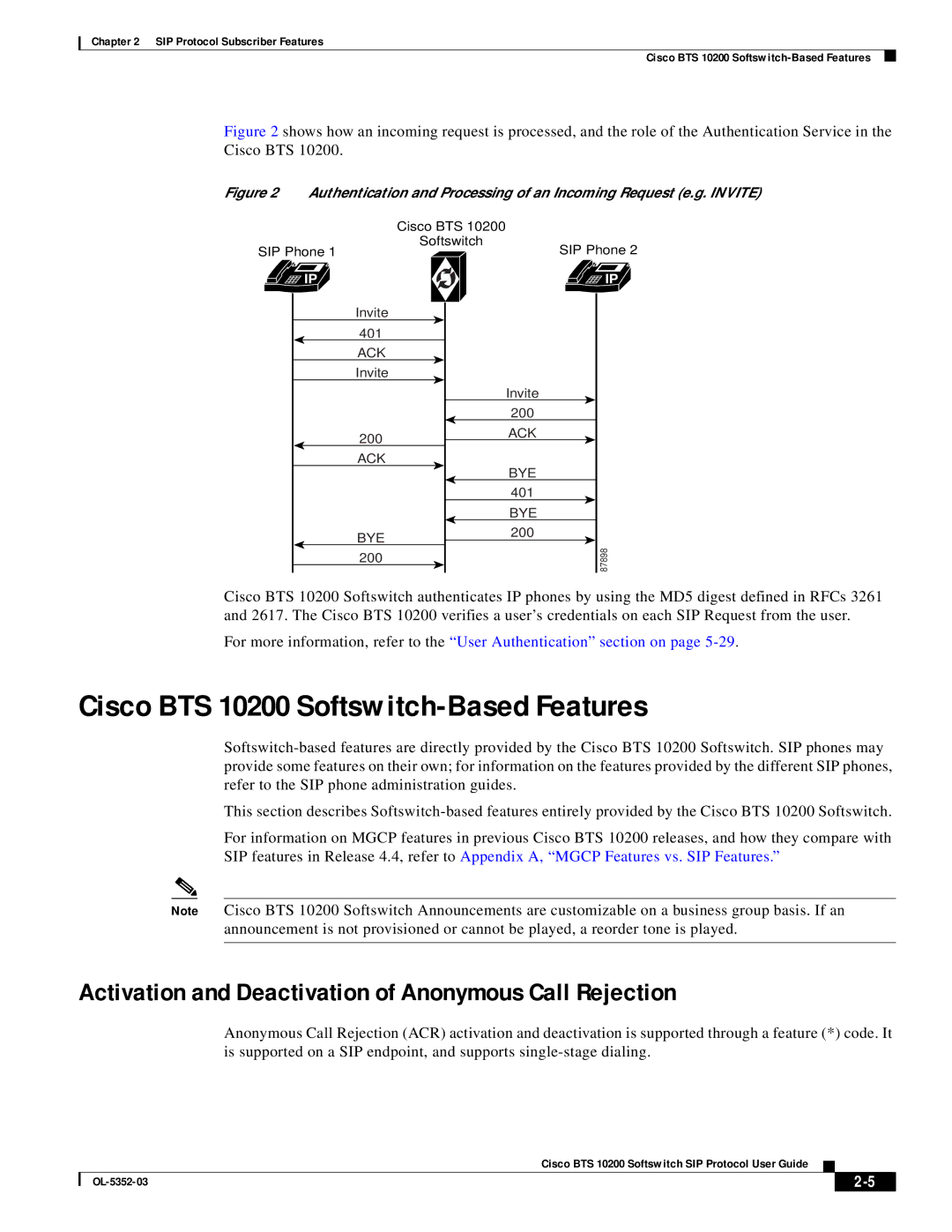 Cisco Systems manual Cisco BTS 10200 Softswitch-Based Features, Activation and Deactivation of Anonymous Call Rejection 