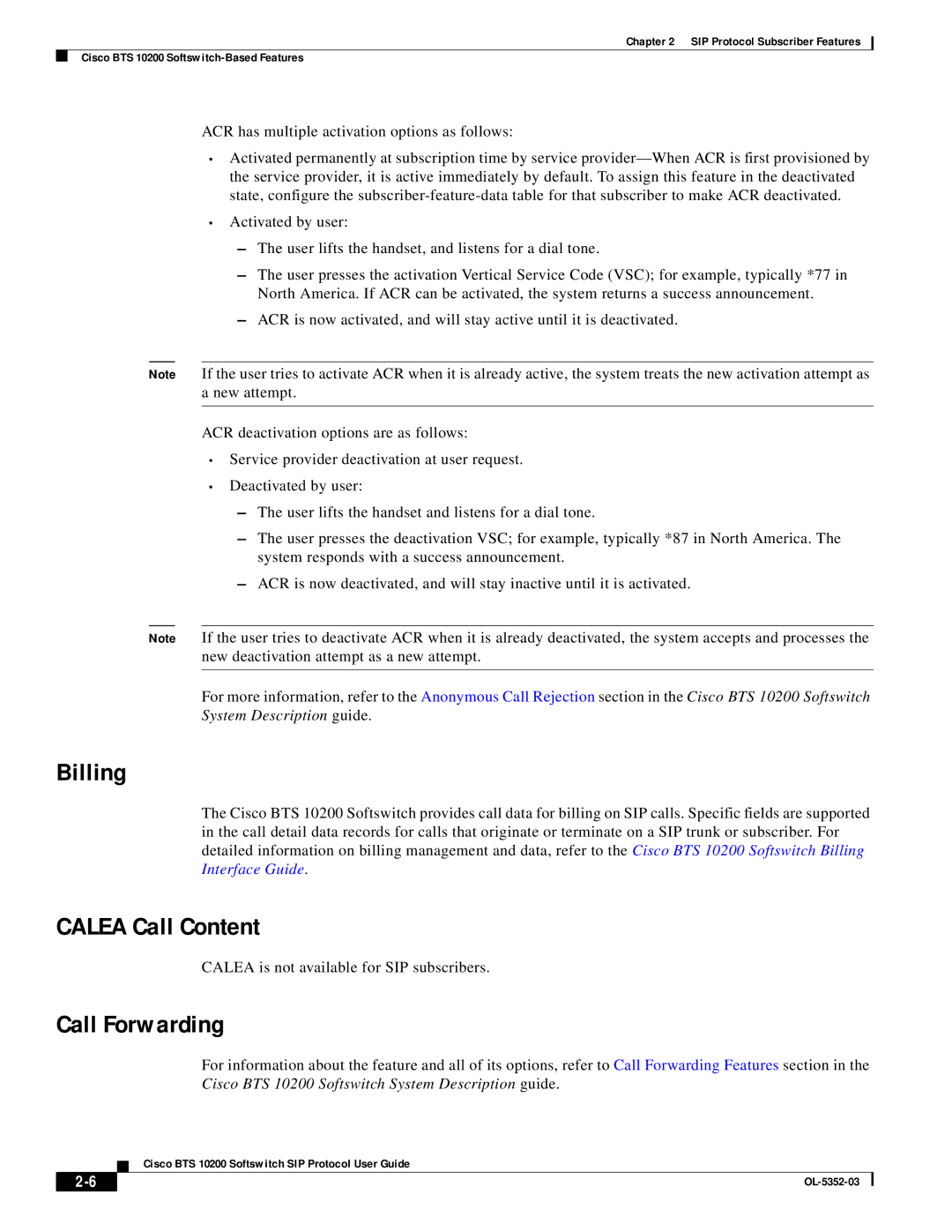 Cisco Systems BTS 10200 manual Billing, Calea Call Content, Call Forwarding 