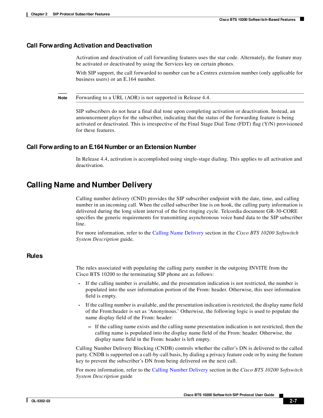 Cisco Systems BTS 10200 manual Calling Name and Number Delivery, Call Forwarding Activation and Deactivation, Rules 