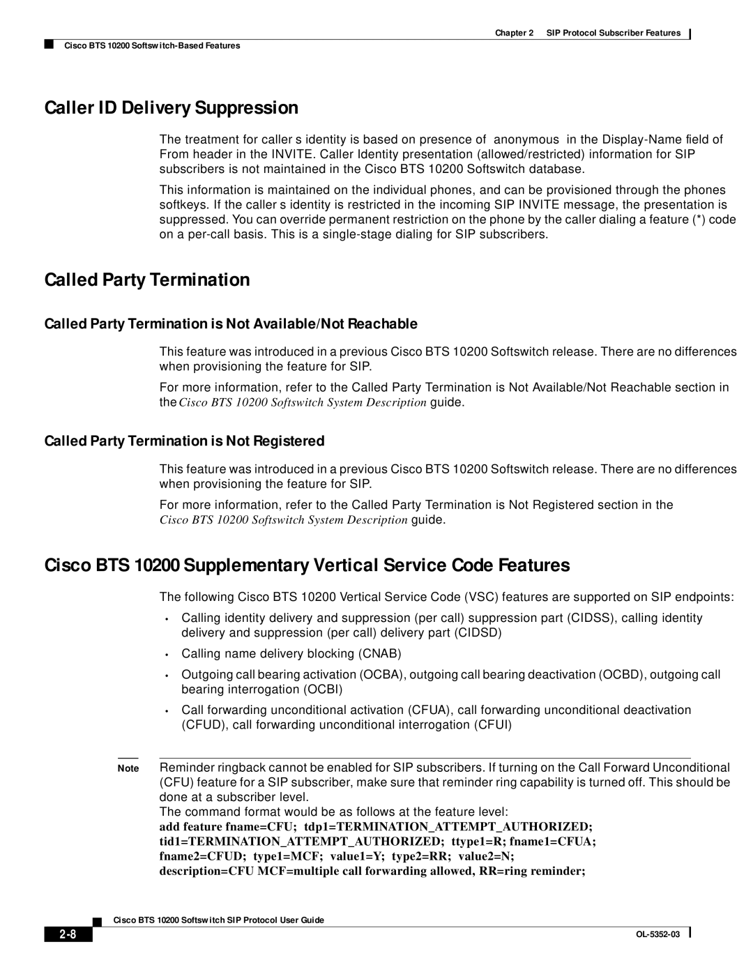 Cisco Systems BTS 10200 manual Caller ID Delivery Suppression, Called Party Termination 