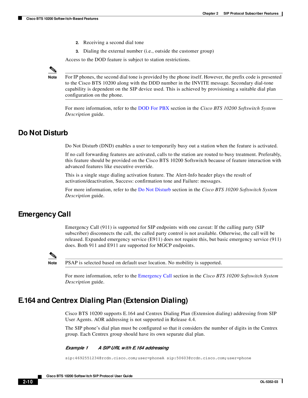 Cisco Systems BTS 10200 manual Do Not Disturb, Emergency Call, E.164 and Centrex Dialing Plan Extension Dialing, 2-10 