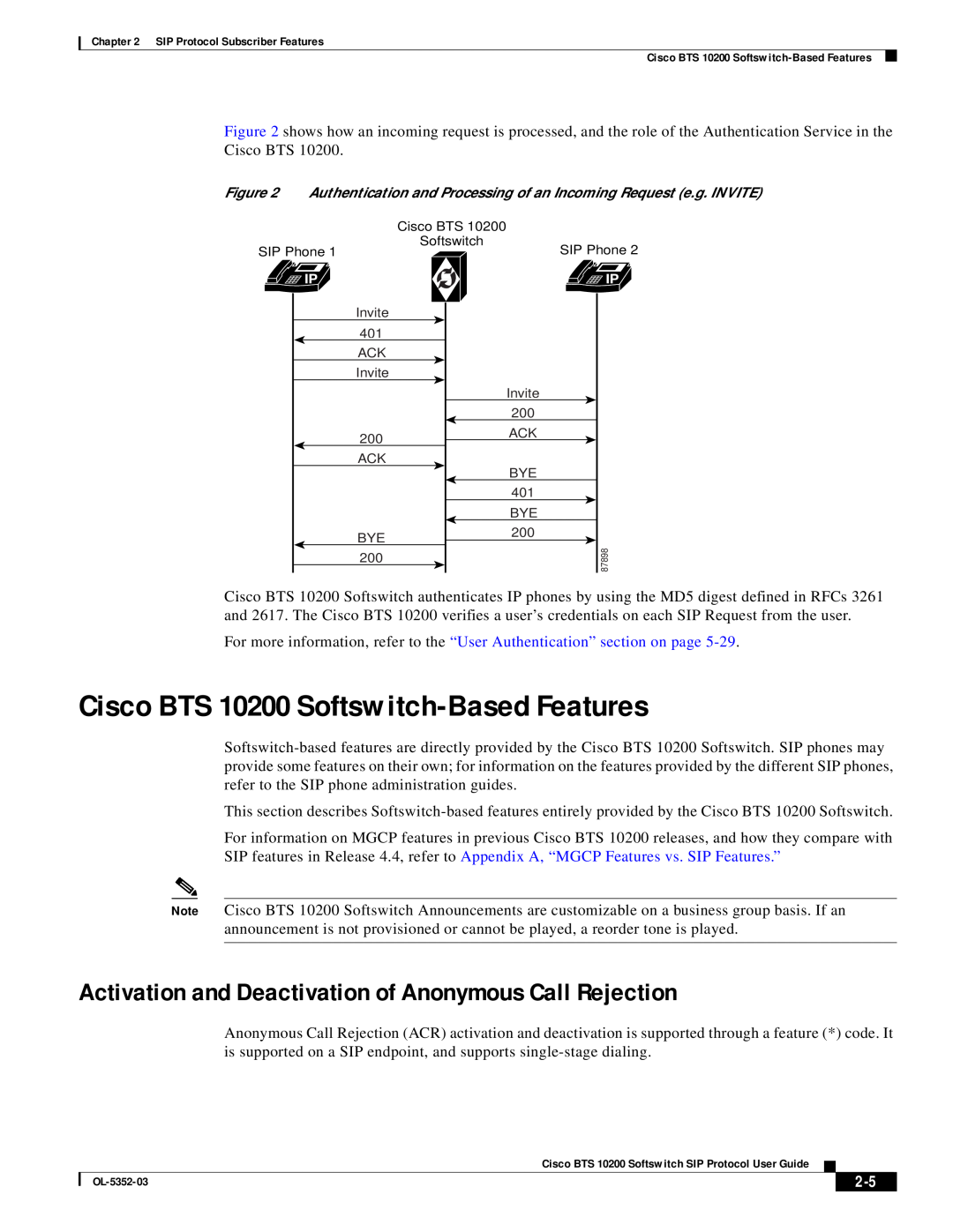 Cisco Systems manual Cisco BTS 10200 Softswitch-Based Features, Activation and Deactivation of Anonymous Call Rejection 