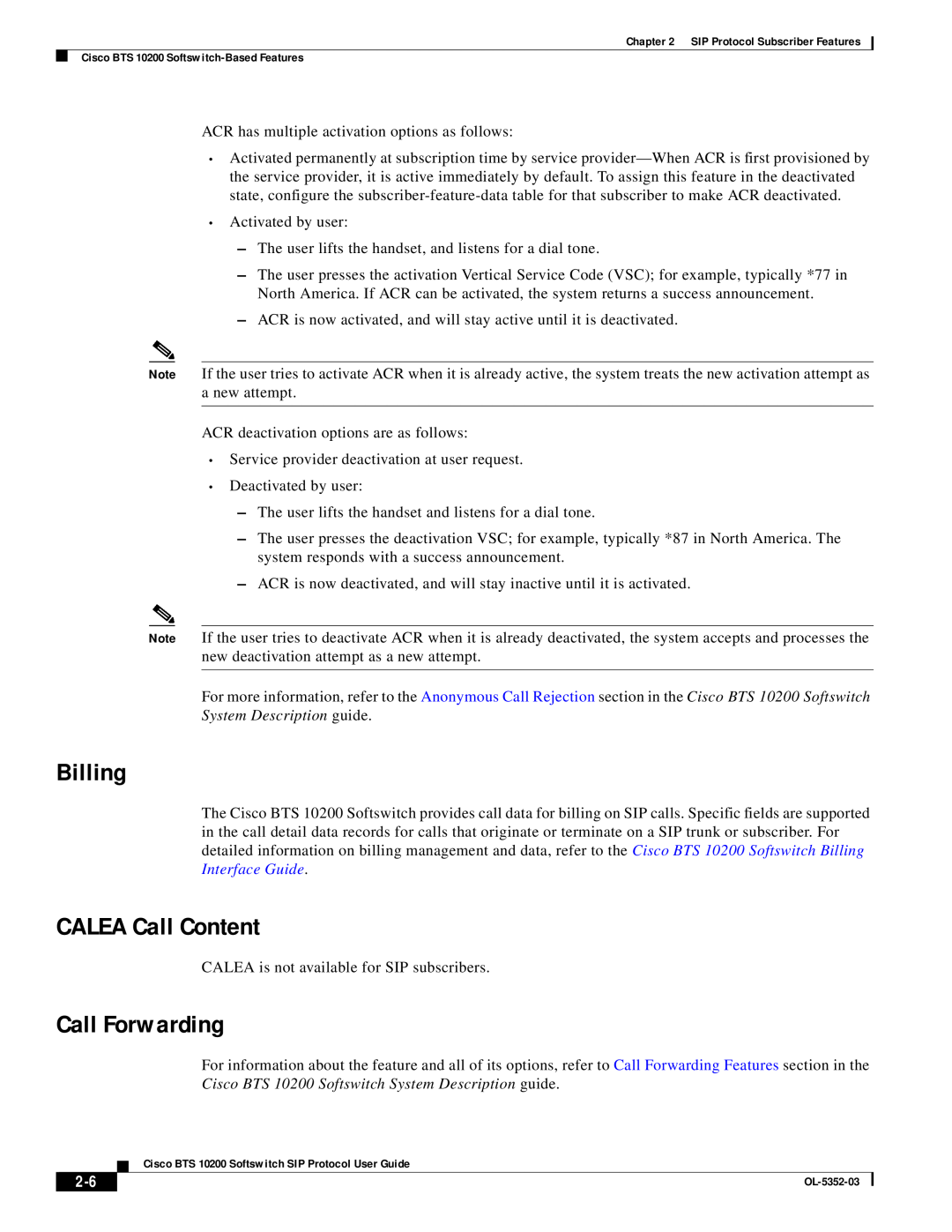 Cisco Systems BTS 10200 manual Billing, CALEA Call Content, Call Forwarding 