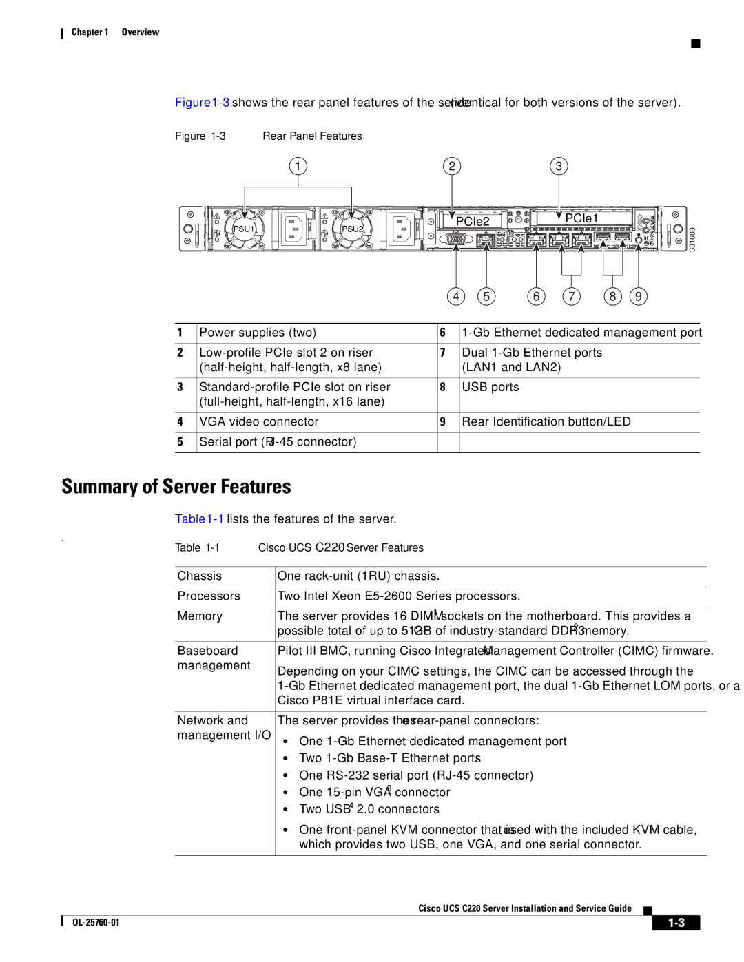 Cisco Systems UCUCSEZC220M3S, UCSSP6C220E, UCSRAID9266CV, 9266CV-8i manual Summary of Server Features, PCIe2 PCIe1 