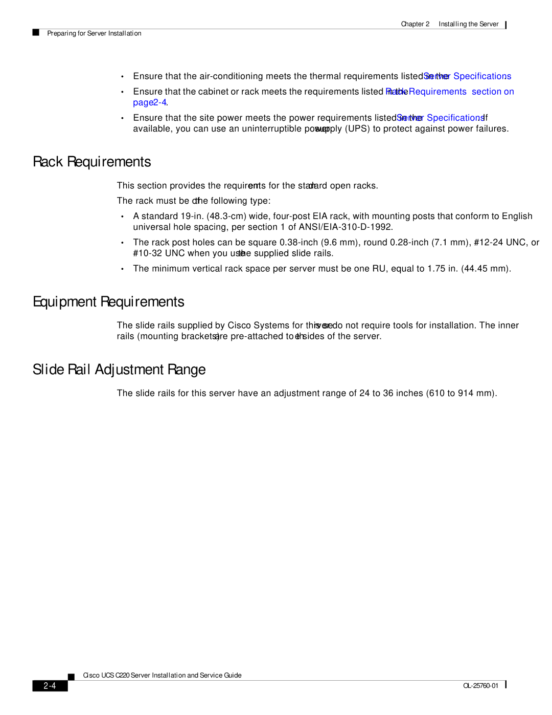 Cisco Systems UCUCSEZC220M3S, UCSSP6C220E, 9266CV-8i Rack Requirements, Equipment Requirements, Slide Rail Adjustment Range 