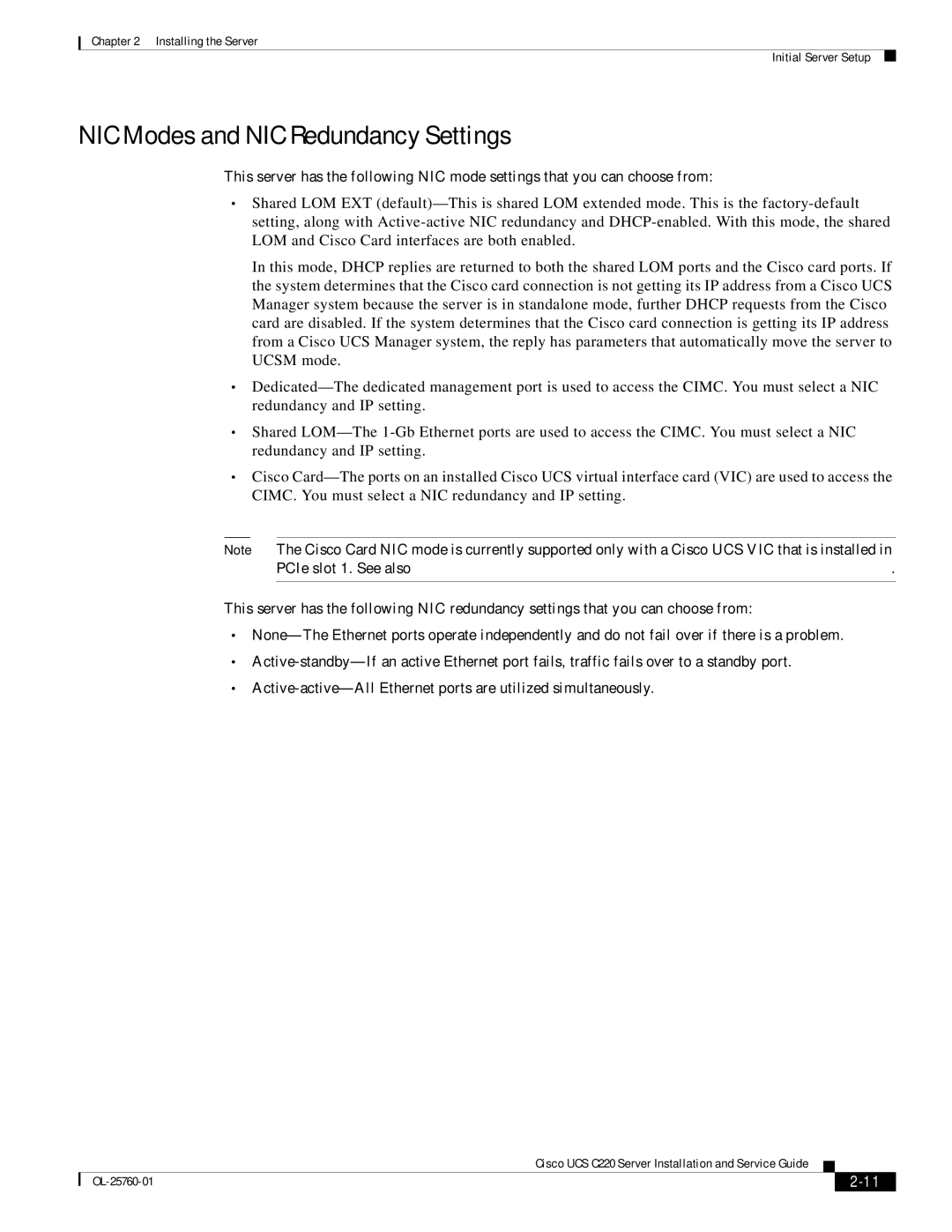 Cisco Systems 9266CV-8i, UCSSP6C220E, UCUCSEZC220M3S, UCSRAID9266CV manual NIC Modes and NIC Redundancy Settings 