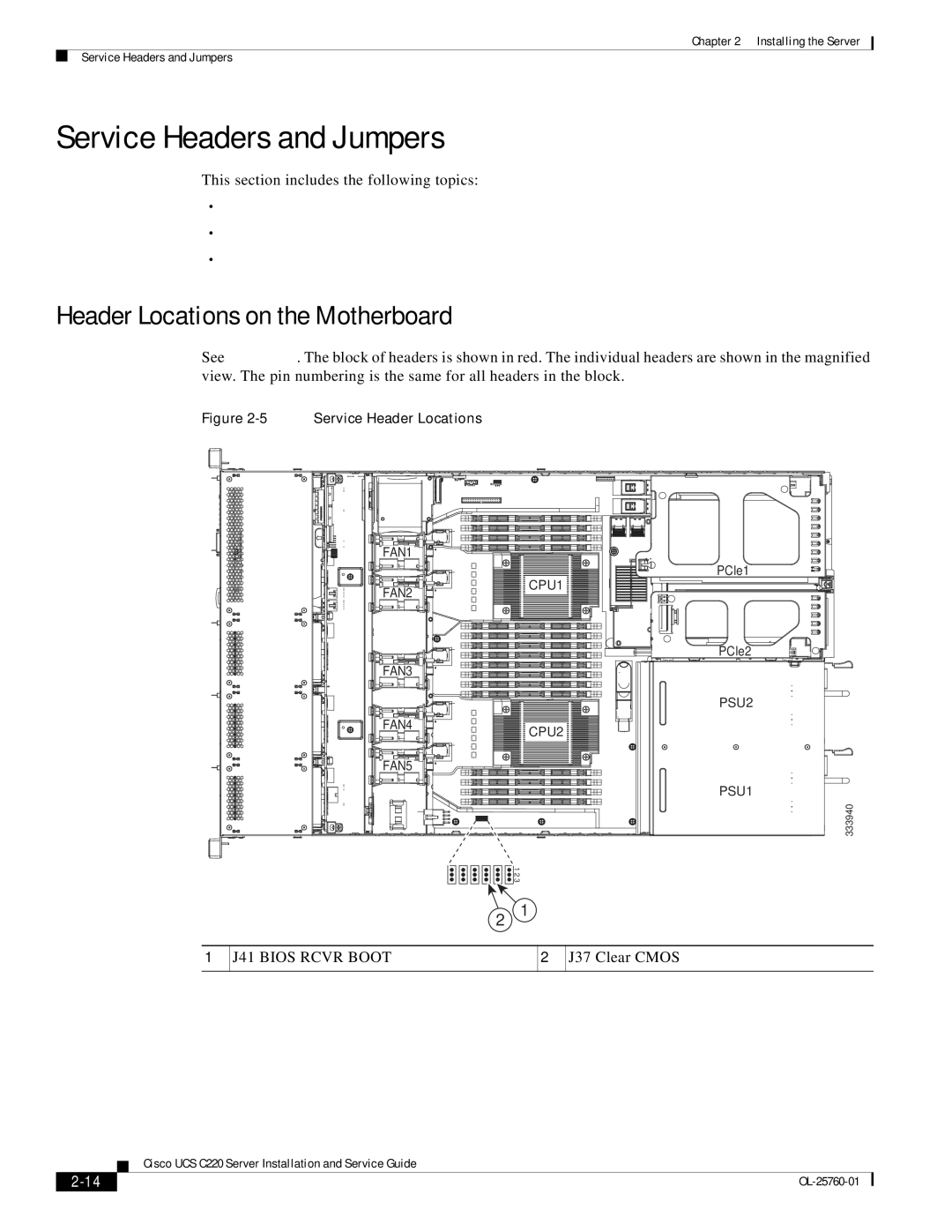 Cisco Systems UCUCSEZC220M3S, UCSSP6C220E, UCSRAID9266CV Service Headers and Jumpers, Header Locations on the Motherboard 