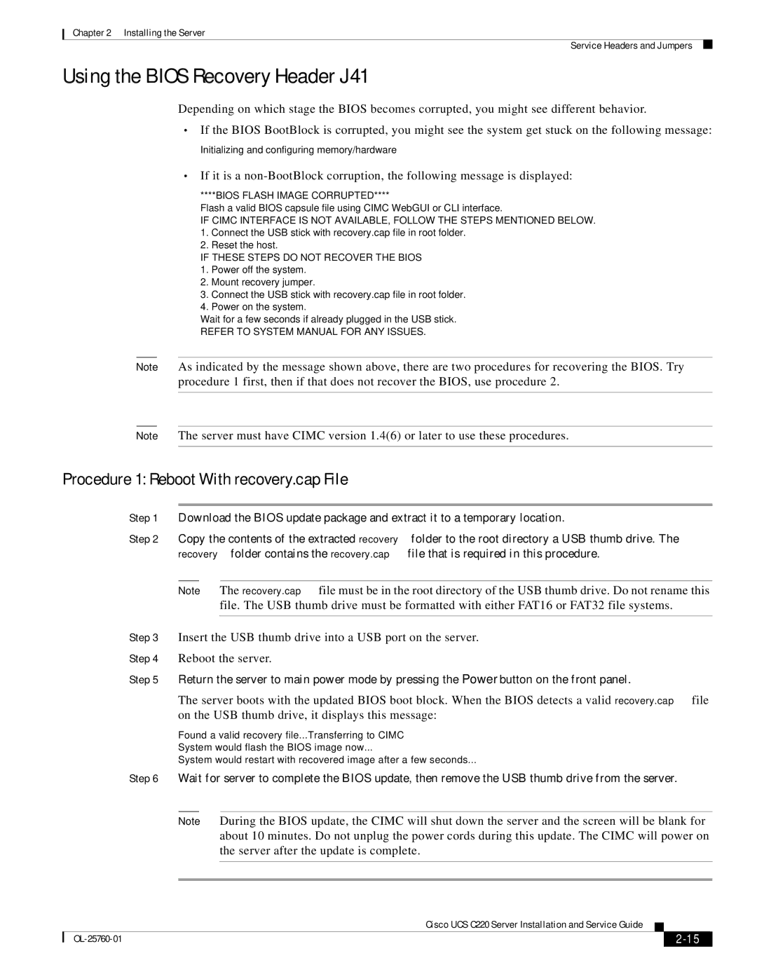 Cisco Systems UCSRAID9266CV, C220, 9266CV-8i Using the Bios Recovery Header J41, Procedure 1 Reboot With recovery.cap File 