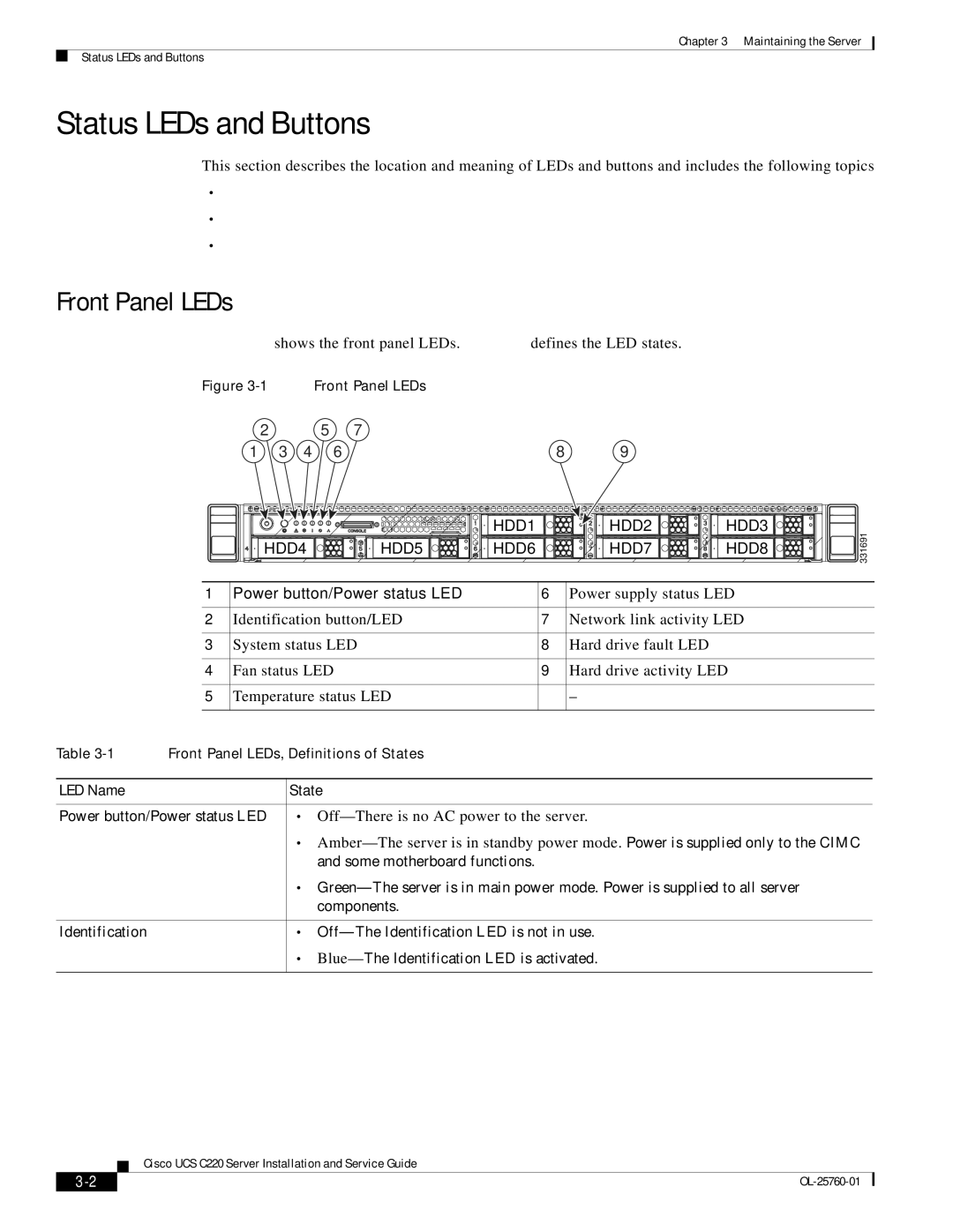 Cisco Systems UCSRAID9266CV, UCSSP6C220E, UCUCSEZC220M3S, 9266CV-8i manual Status LEDs and Buttons, Front Panel LEDs 