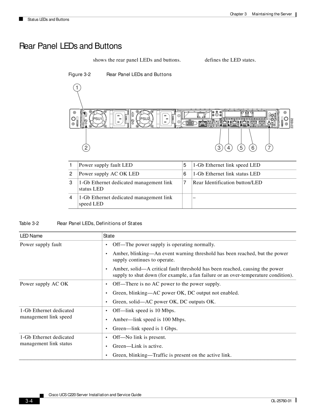 Cisco Systems UCSSP6C220E, UCUCSEZC220M3S, UCSRAID9266CV, 9266CV-8i manual Rear Panel LEDs and Buttons 