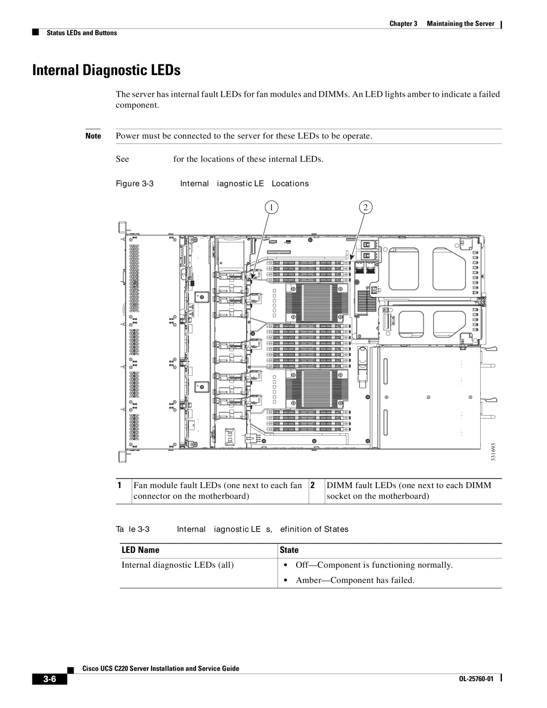 Cisco Systems UCUCSEZC220M3S, UCSSP6C220E, UCSRAID9266CV manual Internal Diagnostic LEDs, Internal Diagnostic LED Locations 