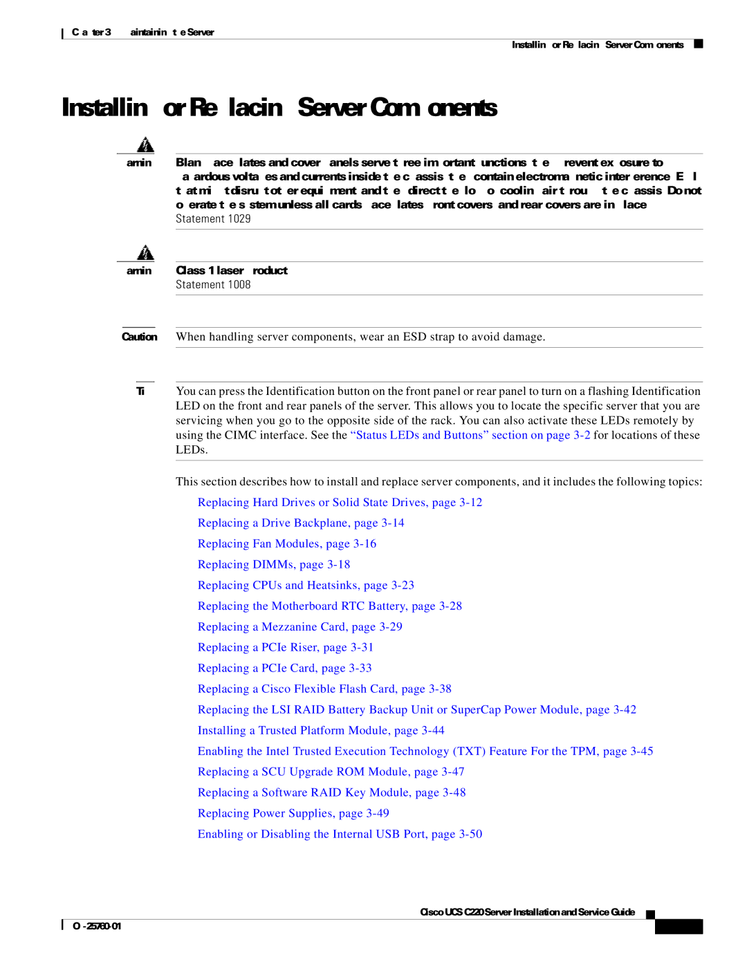 Cisco Systems UCUCSEZC220M3S, UCSSP6C220E, UCSRAID9266CV, 9266CV-8i manual Installing or Replacing Server Components 