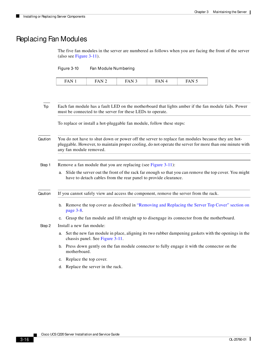 Cisco Systems UCUCSEZC220M3S, UCSSP6C220E, UCSRAID9266CV, 9266CV-8i manual Replacing Fan Modules 