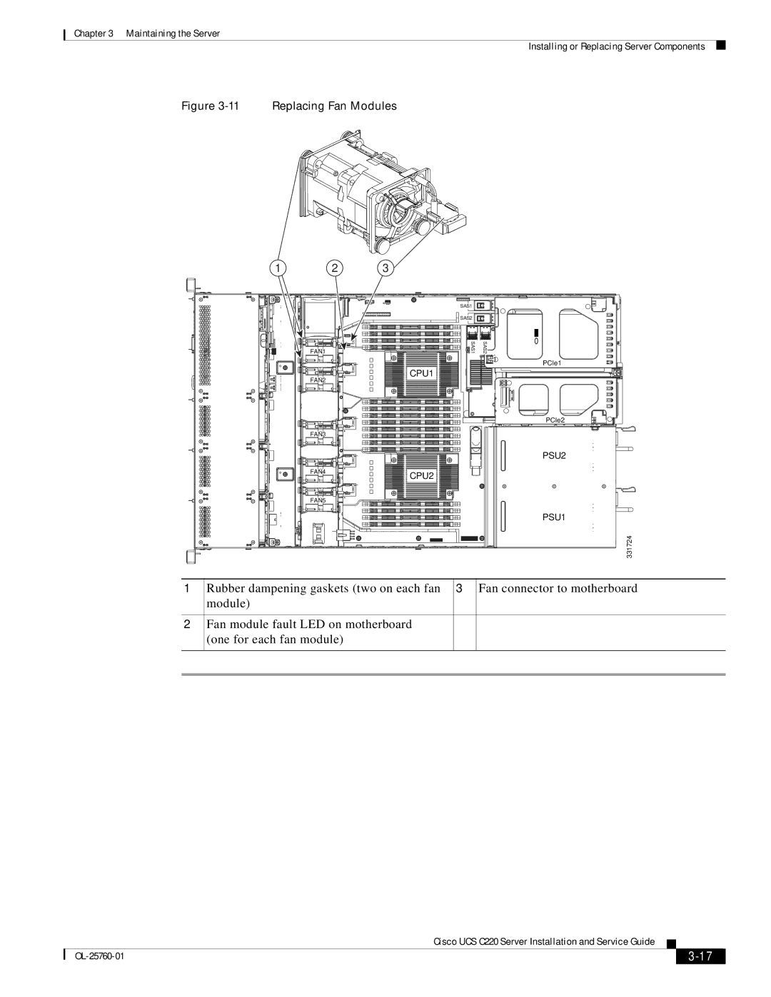 Cisco Systems UCSRAID9266CV, UCSSP6C220E, UCUCSEZC220M3S, 9266CV-8i manual Replacing Fan Modules 