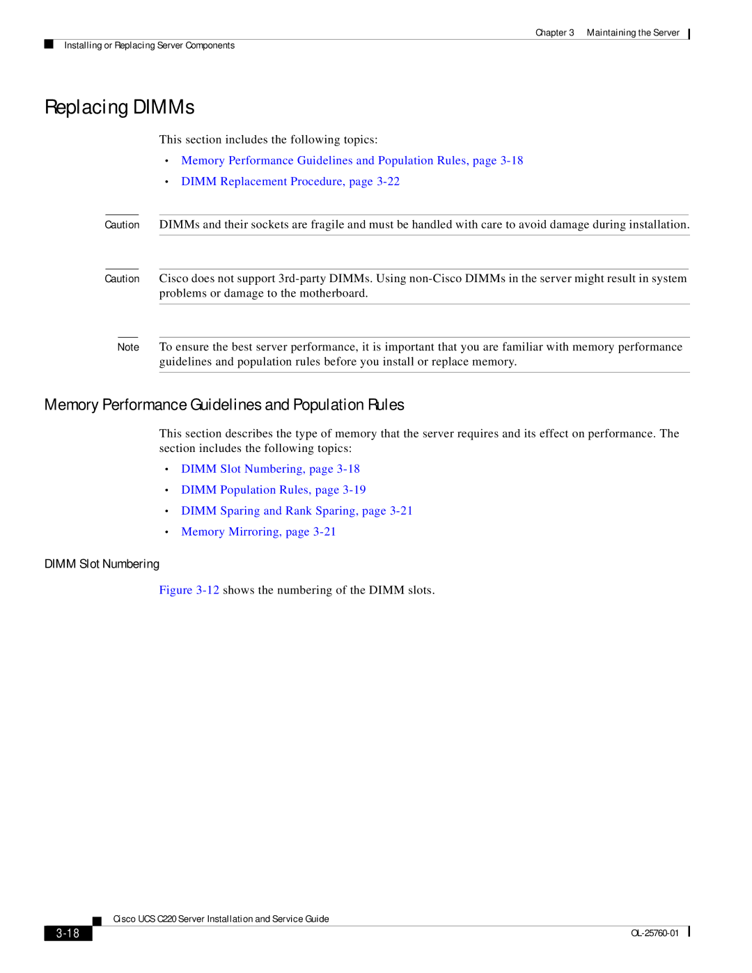 Cisco Systems 9266CV-8i, C220 Replacing DIMMs, Memory Performance Guidelines and Population Rules, Dimm Slot Numbering 