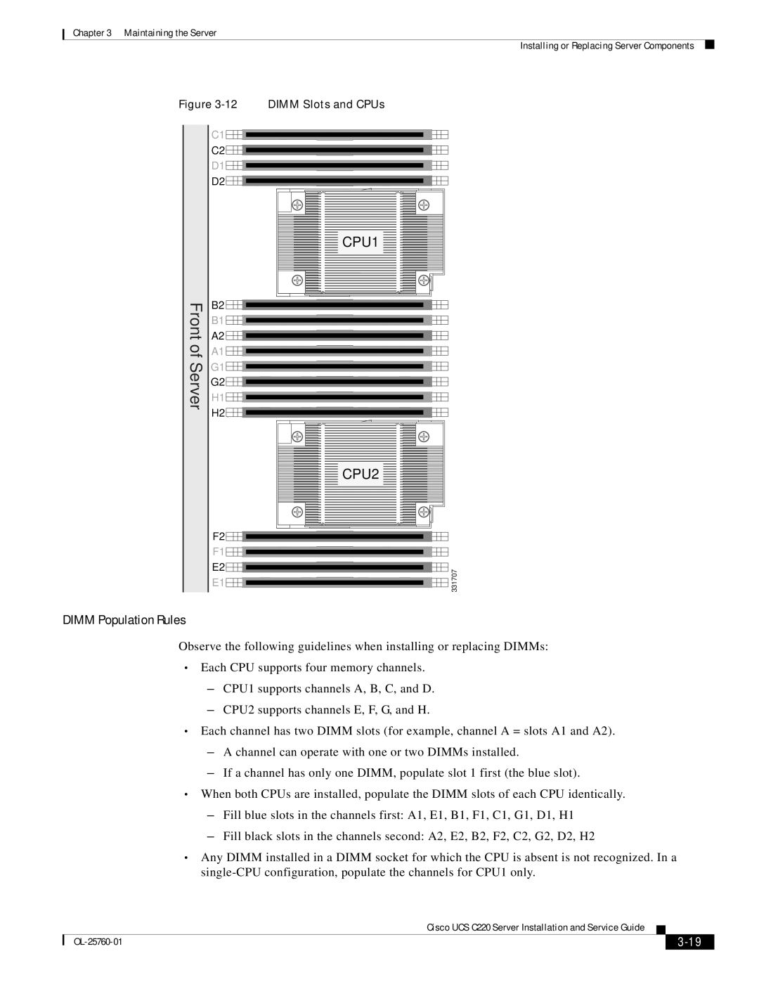 Cisco Systems UCSSP6C220E, UCUCSEZC220M3S, UCSRAID9266CV, 9266CV-8i manual Front of Server, Dimm Population Rules 