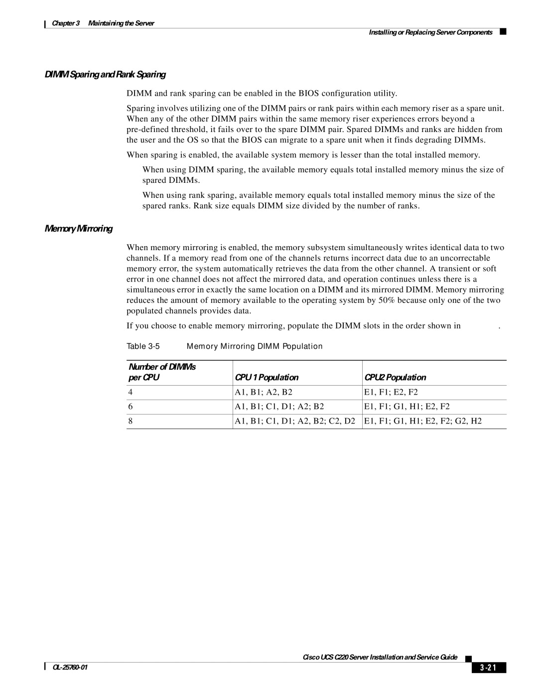 Cisco Systems UCUCSEZC220M3S, UCSSP6C220E, UCSRAID9266CV, 9266CV-8i manual Dimm Sparing and Rank Sparing, Memory Mirroring 