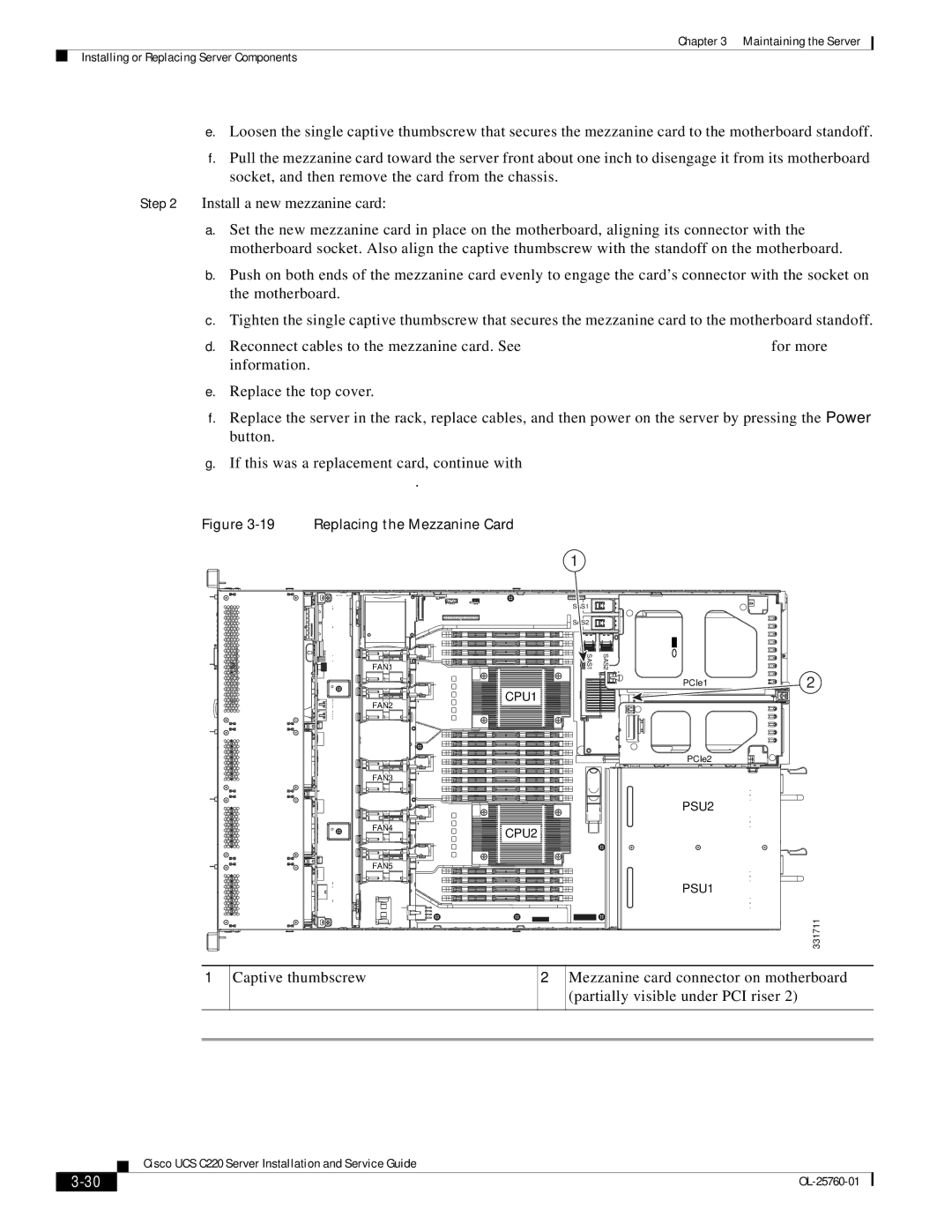 Cisco Systems UCSSP6C220E, UCUCSEZC220M3S, UCSRAID9266CV, 9266CV-8i manual Replacing the Mezzanine Card 