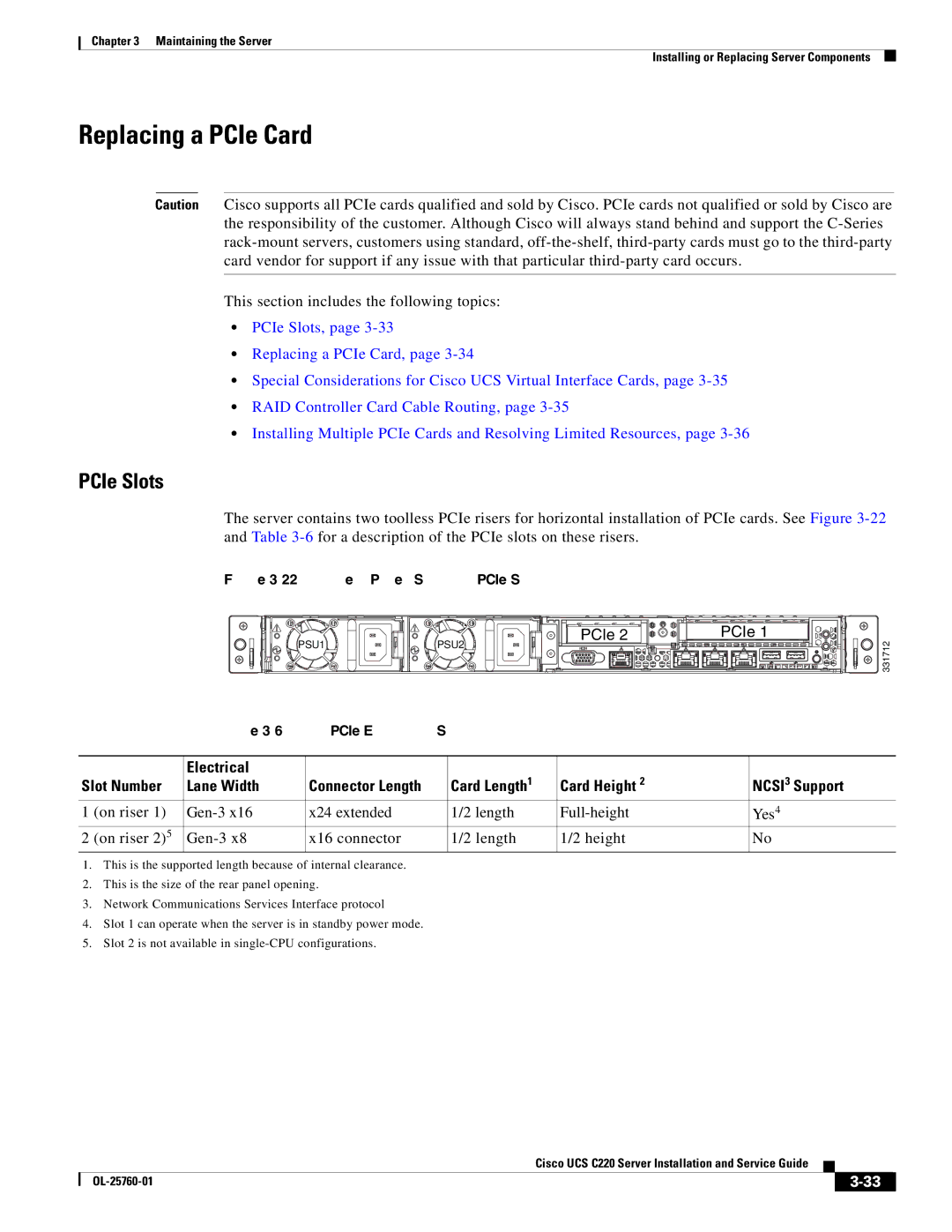 Cisco Systems 9266CV-8i, UCSSP6C220E, UCUCSEZC220M3S, UCSRAID9266CV manual Replacing a PCIe Card, PCIe Slots 