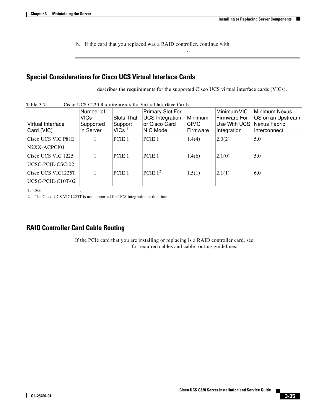 Cisco Systems UCSSP6C220E Special Considerations for Cisco UCS Virtual Interface Cards, RAID Controller Card Cable Routing 