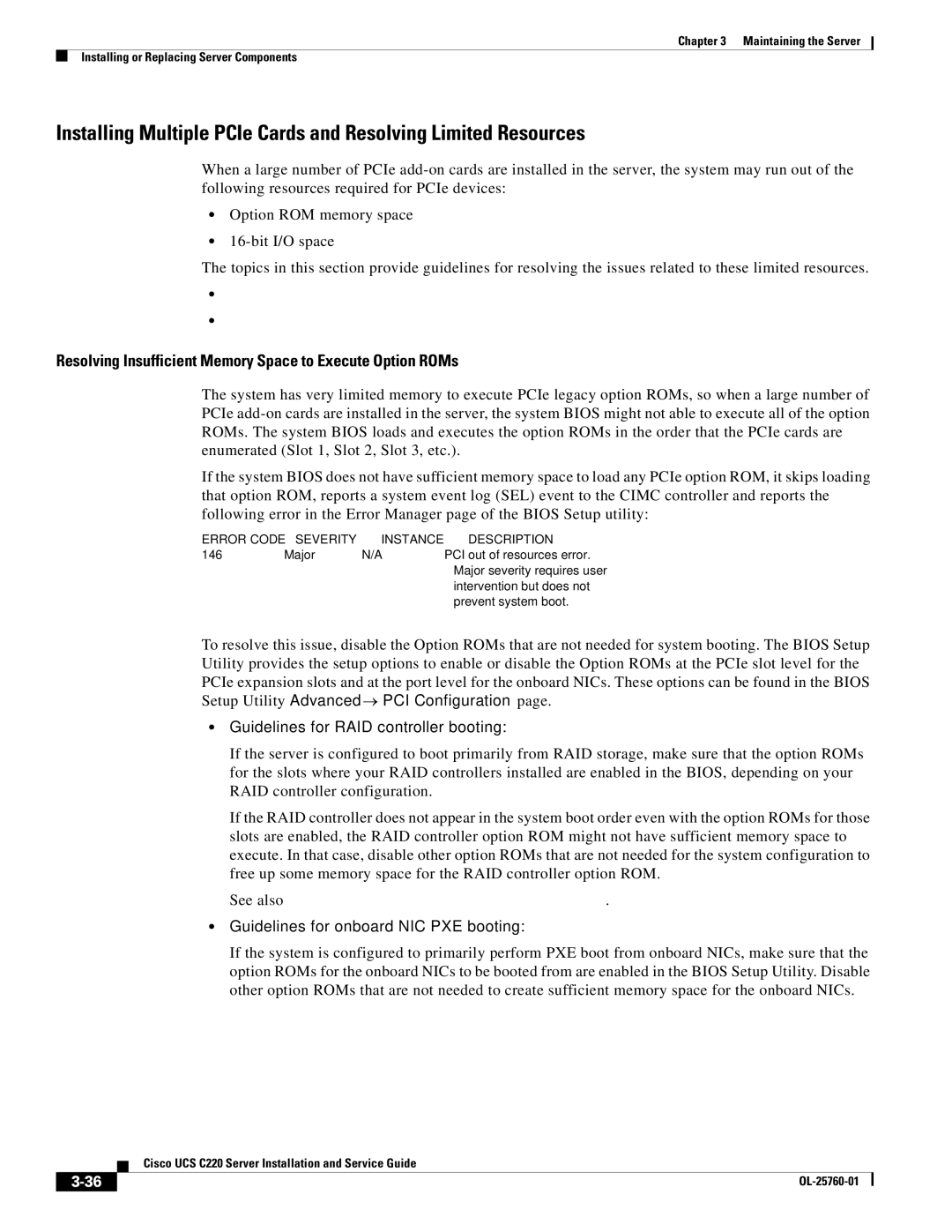 Cisco Systems UCUCSEZC220M3S, UCSSP6C220E, UCSRAID9266CV manual Resolving Insufficient Memory Space to Execute Option ROMs 