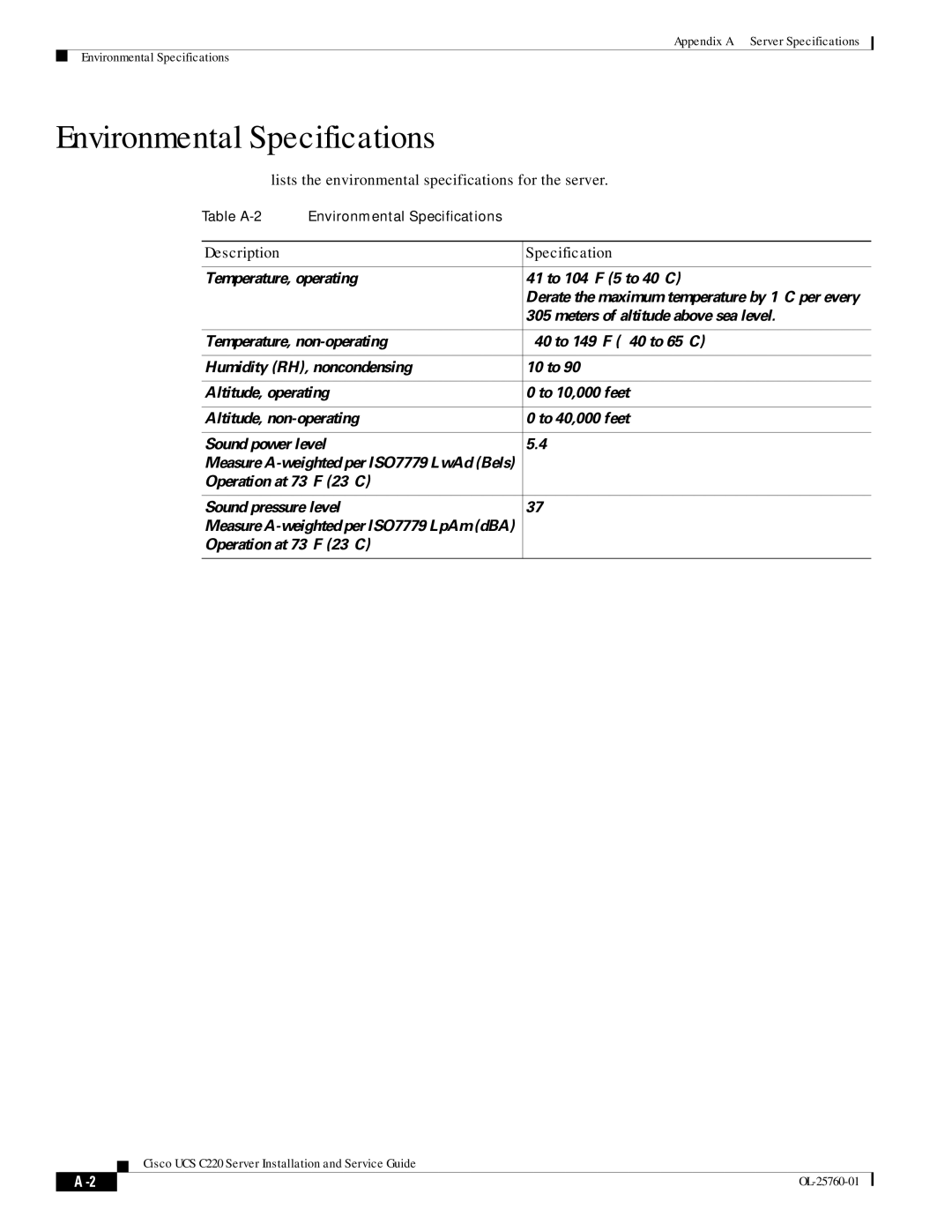 Cisco Systems UCSRAID9266CV, UCSSP6C220E, UCUCSEZC220M3S, 9266CV-8i manual Environmental Specifications 