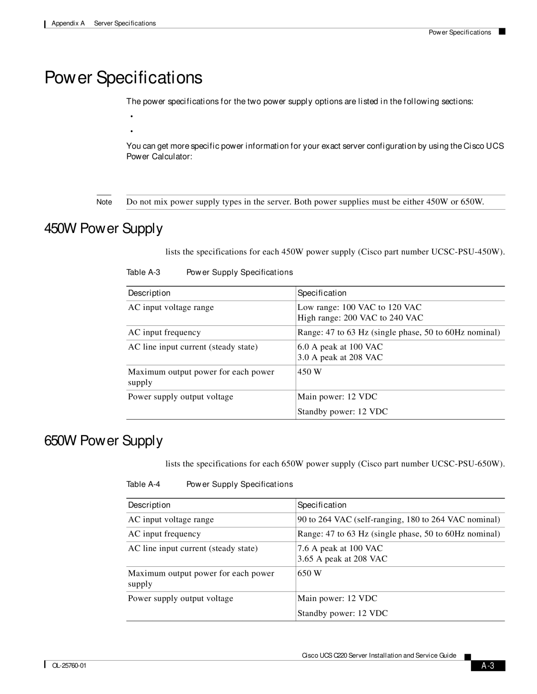 Cisco Systems 9266CV-8i, UCSSP6C220E, UCUCSEZC220M3S manual Power Specifications, 450W Power Supply, 650W Power Supply 