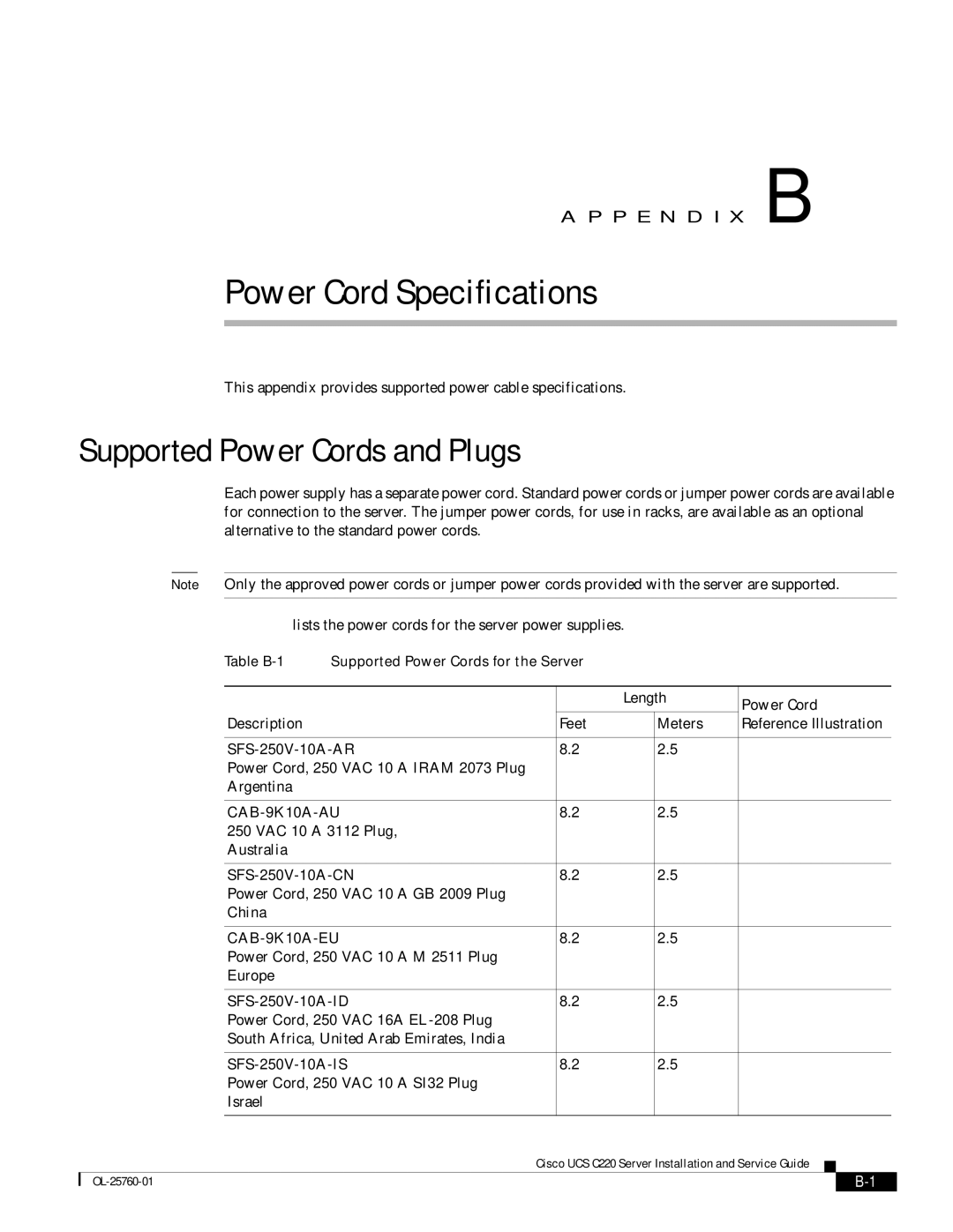 Cisco Systems UCSSP6C220E, UCUCSEZC220M3S, UCSRAID9266CV manual Power Cord Specifications, Supported Power Cords and Plugs 