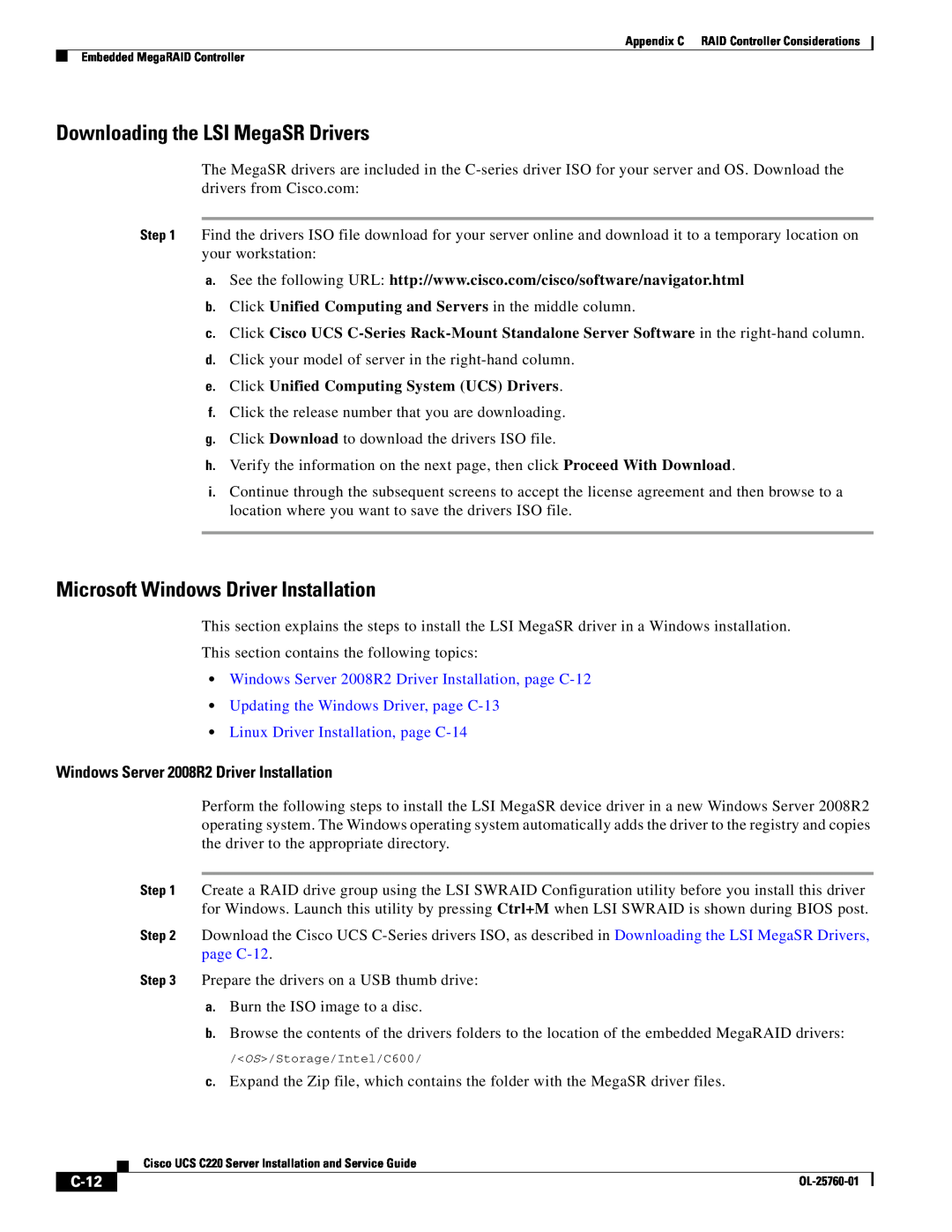 Cisco Systems UCSSP6C220E, 9266CV-8i Downloading the LSI MegaSR Drivers, Microsoft Windows Driver Installation, C-12 