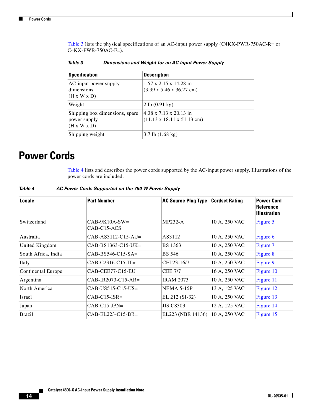 Cisco Systems C4KXPWR750ACR, 750W Power Cords, Locale Part Number, Cordset Rating Power Cord Reference Illustration 