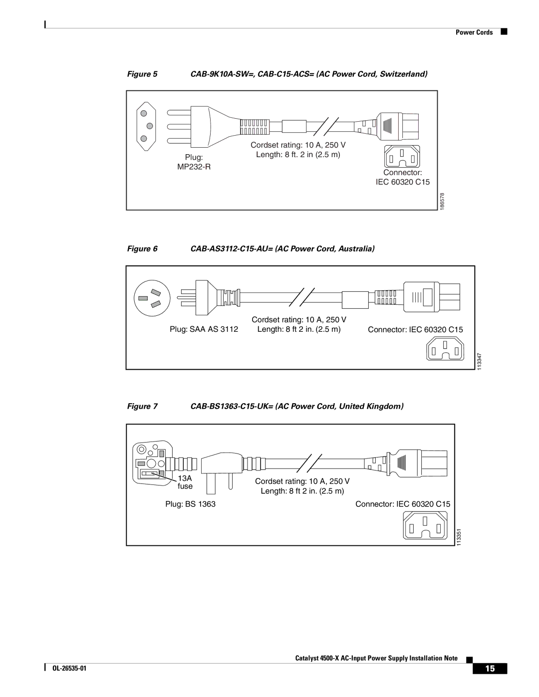 Cisco Systems C4KX-PWR-BLANK, 750W, 4500X AC, C4KX-PWR-750AC-F CAB-9K10A-SW=, CAB-C15-ACS= AC Power Cord, Switzerland 