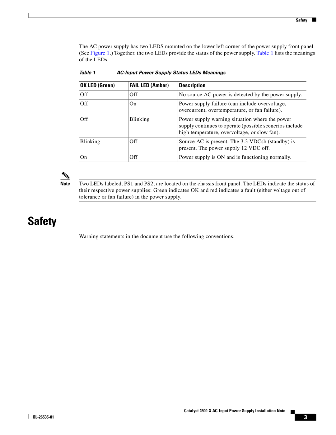 Cisco Systems C4KX-PWR-750AC-F, C4KX-PWR-BLANK, 750W, 4500X AC, C4KXPWR750ACR specifications Safety, Fail LED Amber Description 