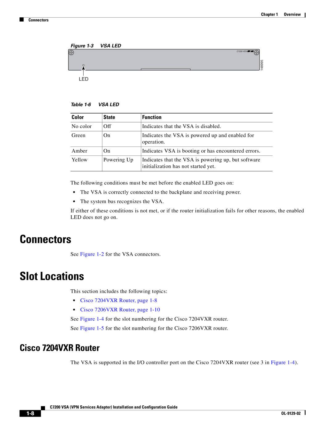 Cisco Systems C7200 Connectors, Slot Locations, Cisco 7204VXR Router, Color State Function, See -2for the VSA connectors 