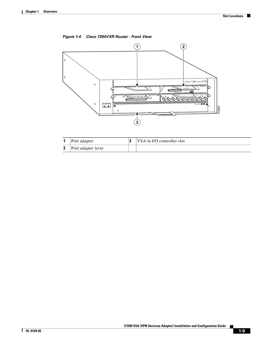 Cisco Systems C7200 manual Port adapter VSA in I/O controller slot Port adapter lever, Cisco 7204VXR Router Front View 