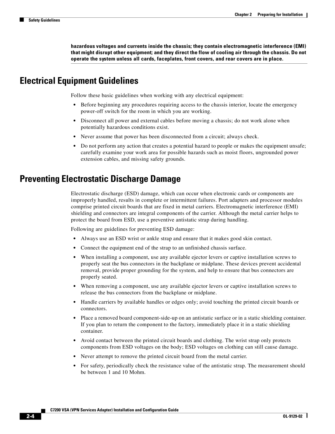 Cisco Systems C7200 manual Electrical Equipment Guidelines, Preventing Electrostatic Discharge Damage 