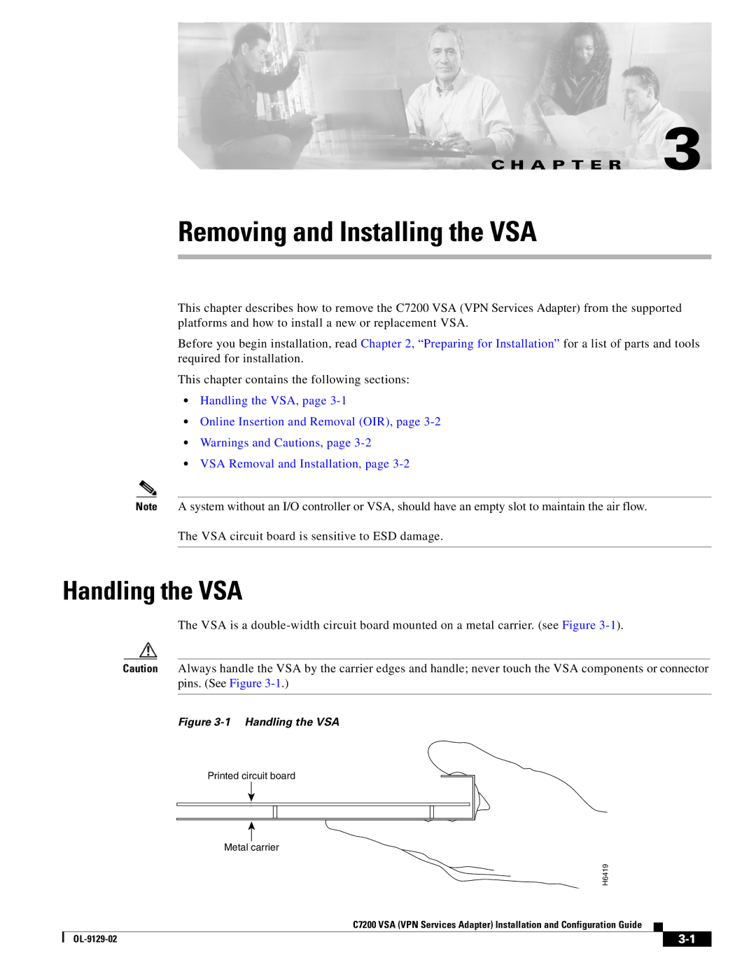 Cisco Systems C7200 manual Handling the VSA, VSA circuit board is sensitive to ESD damage 