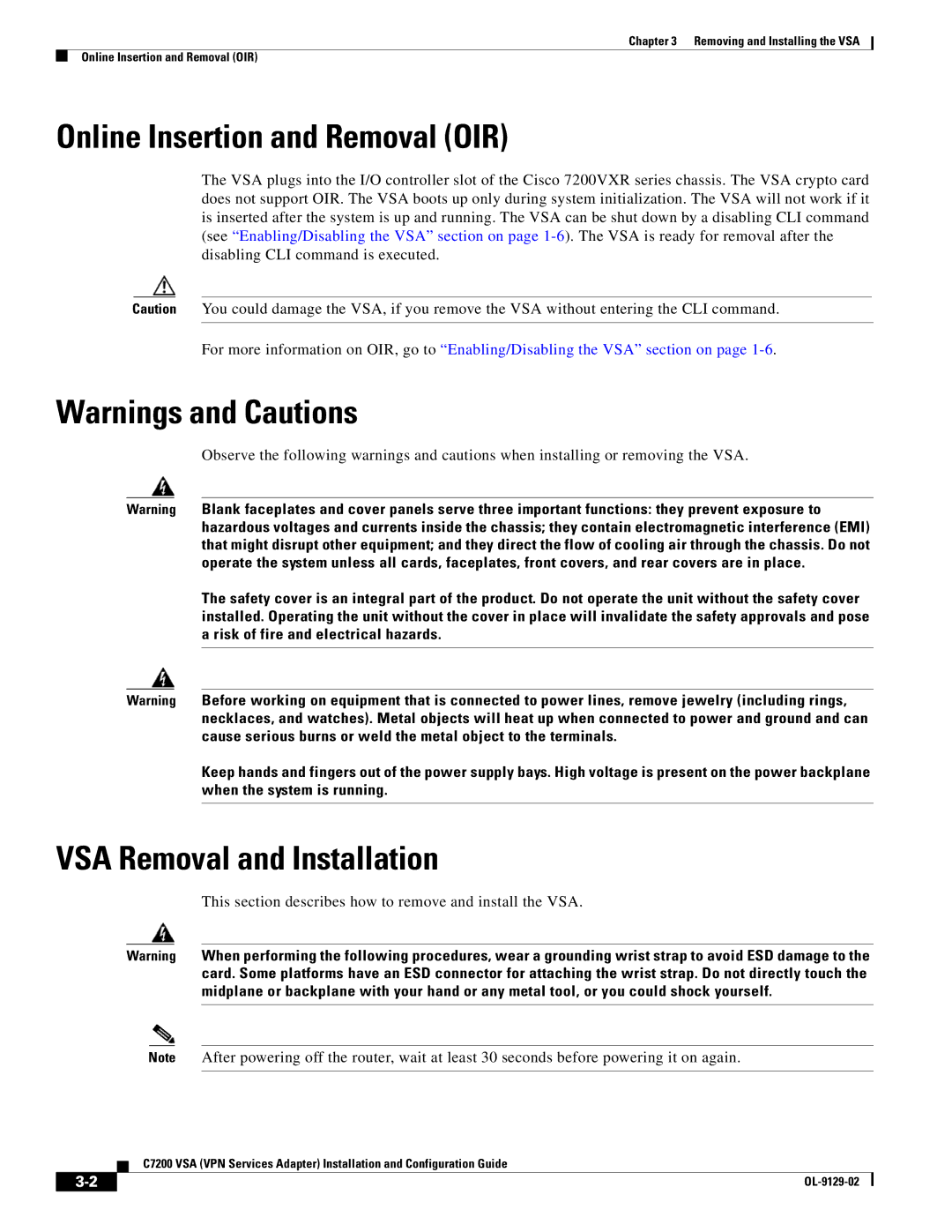 Cisco Systems C7200 manual VSA Removal and Installation, This section describes how to remove and install the VSA 