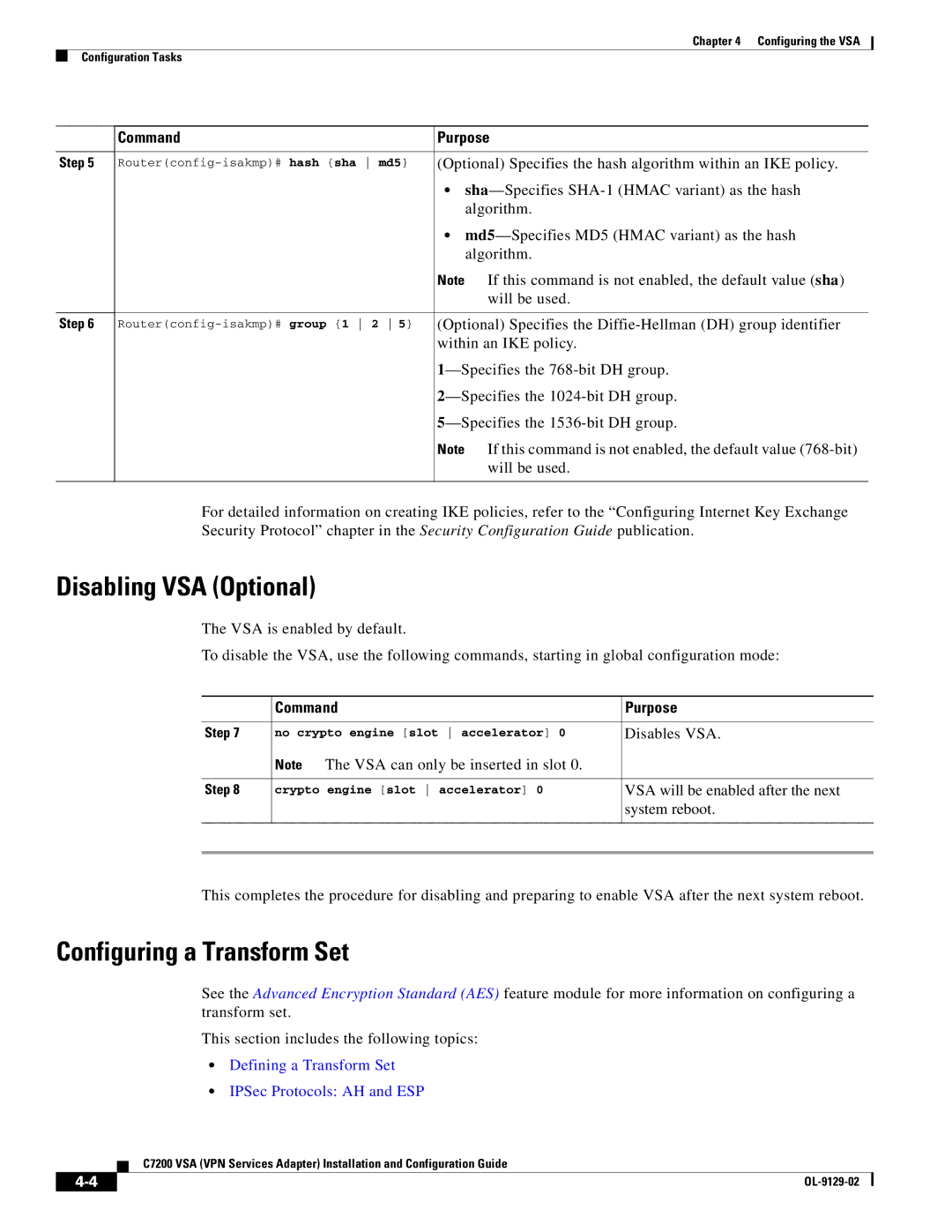 Cisco Systems C7200 manual Disabling VSA Optional, Configuring a Transform Set 