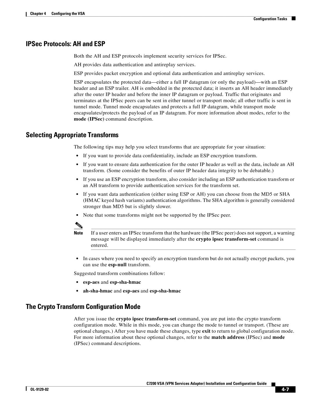 Cisco Systems C7200 IPSec Protocols AH and ESP, Selecting Appropriate Transforms, Crypto Transform Configuration Mode 