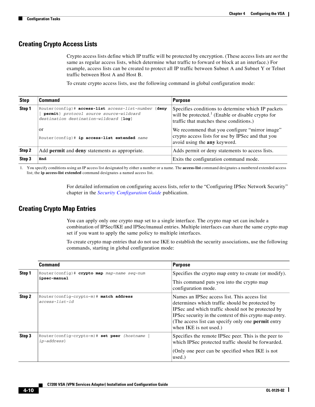 Cisco Systems C7200 manual Creating Crypto Access Lists, Creating Crypto Map Entries 