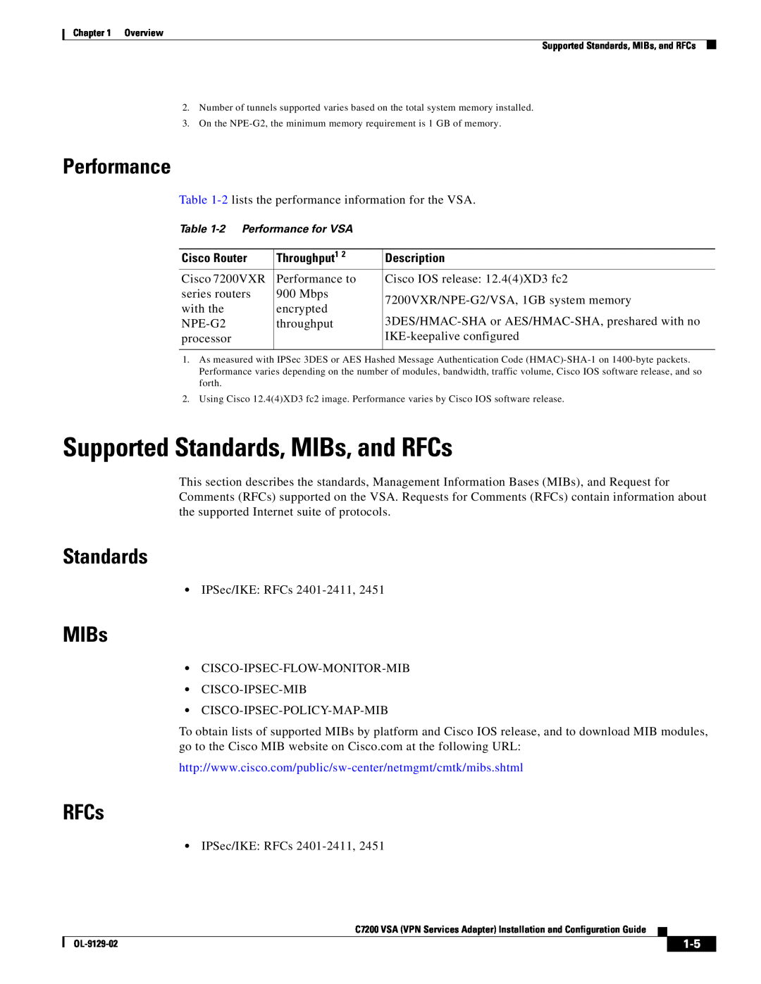 Cisco Systems C7200 manual Supported Standards, MIBs, and RFCs, Performance 