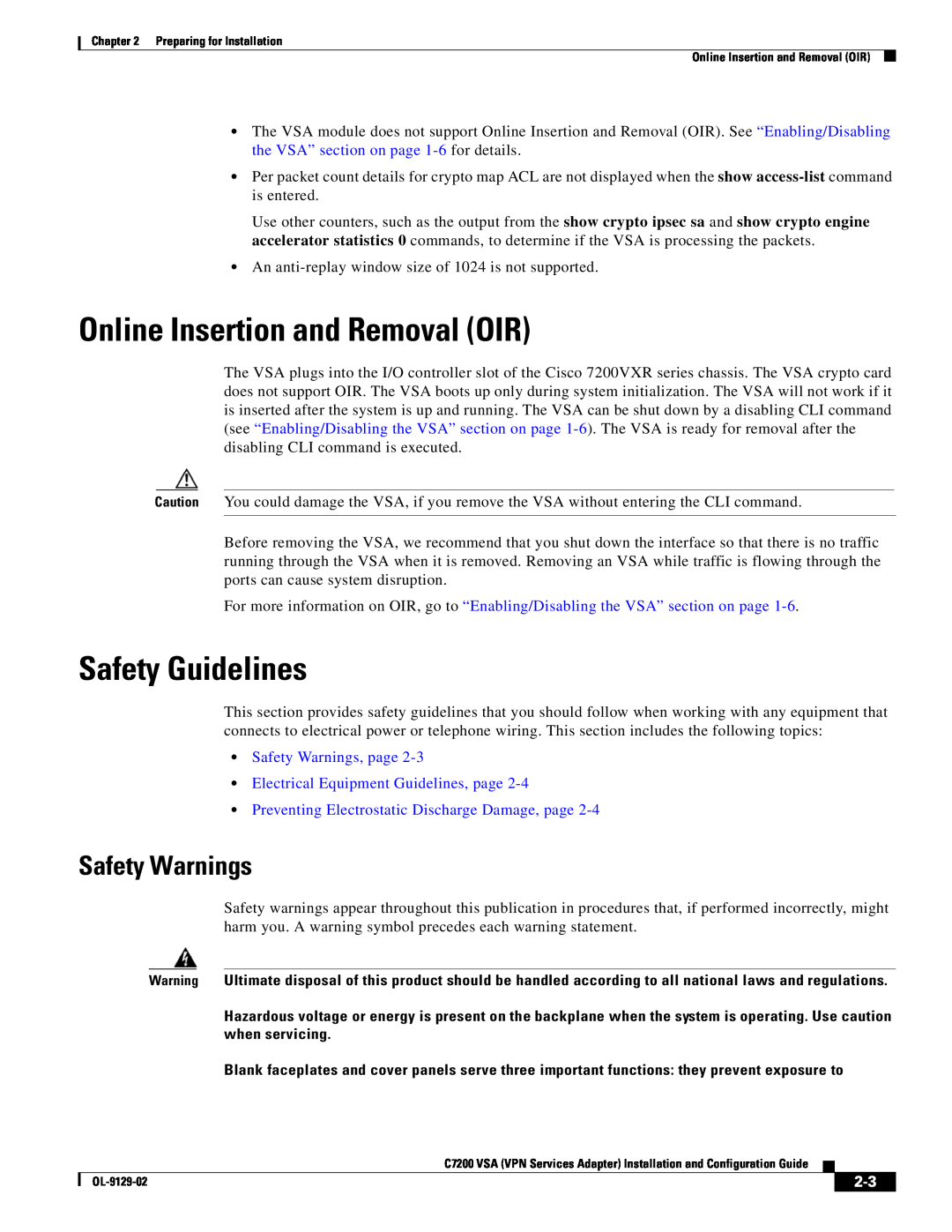 Cisco Systems C7200 manual Online Insertion and Removal OIR, Safety Guidelines, Safety Warnings 