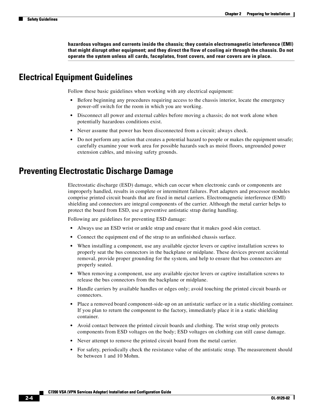Cisco Systems C7200 manual Electrical Equipment Guidelines, Preventing Electrostatic Discharge Damage 