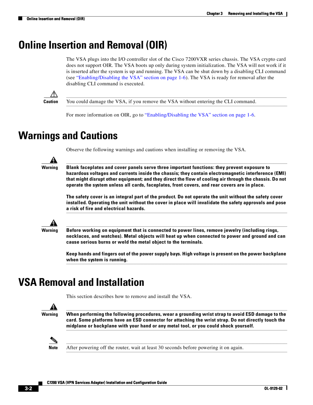 Cisco Systems C7200 manual Warnings and Cautions, VSA Removal and Installation, Online Insertion and Removal OIR 