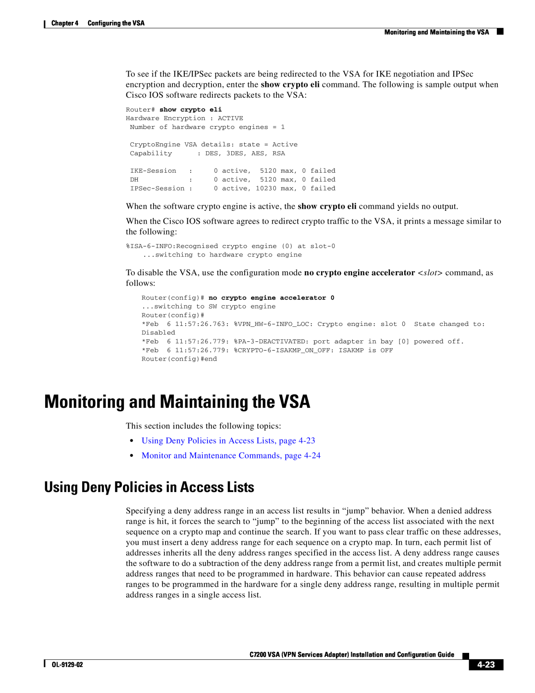 Cisco Systems C7200 manual Monitoring and Maintaining the VSA, Using Deny Policies in Access Lists, 4-23 
