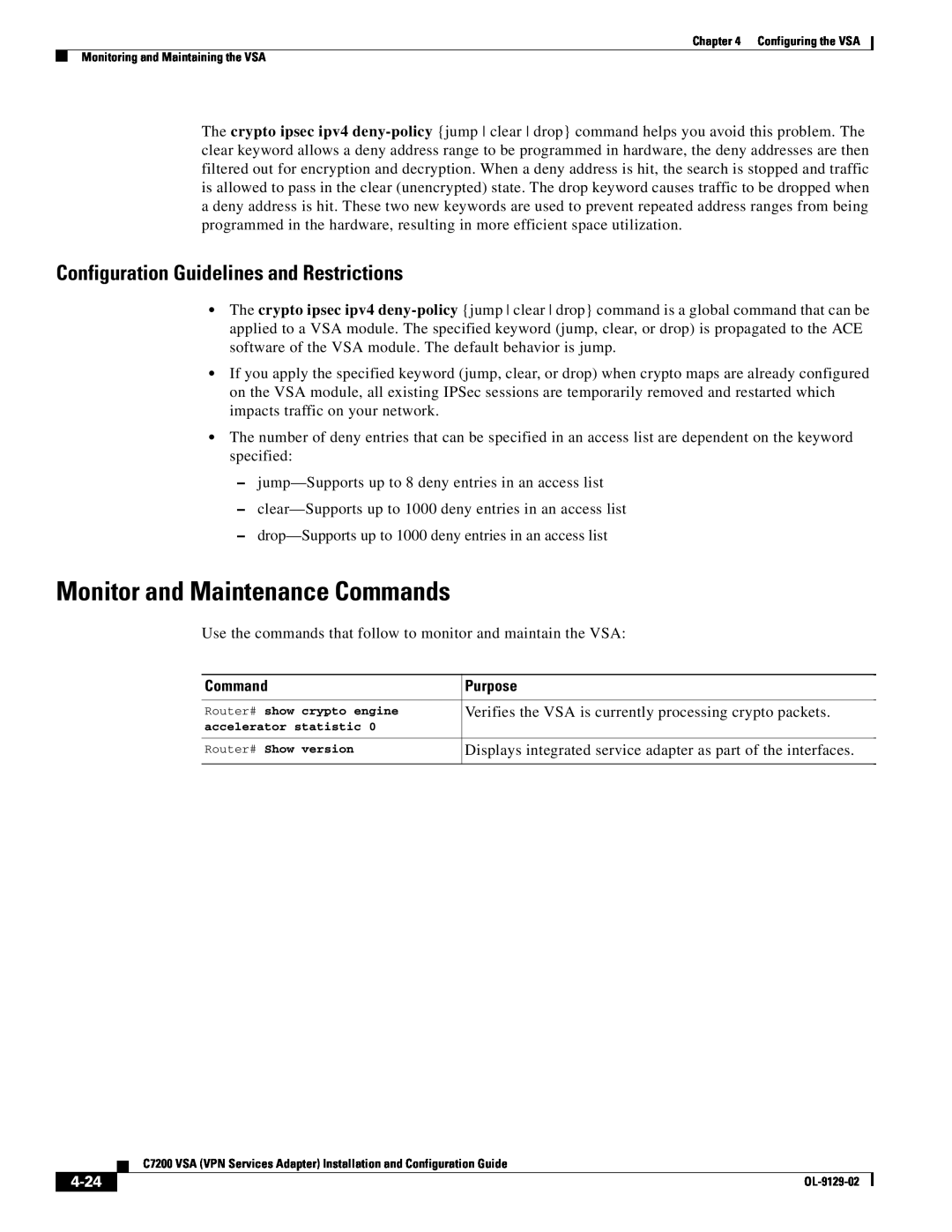 Cisco Systems C7200 manual Monitor and Maintenance Commands, Configuration Guidelines and Restrictions, 4-24 