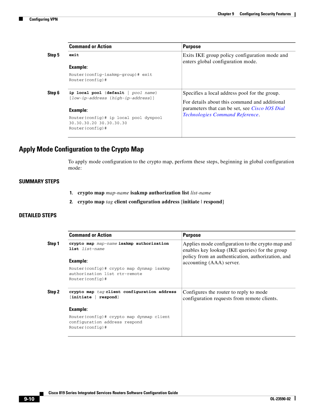 Cisco Systems C819GUK9, C819HG4GVK9 Apply Mode Configuration to the Crypto Map, Exits IKE group policy configuration mode 