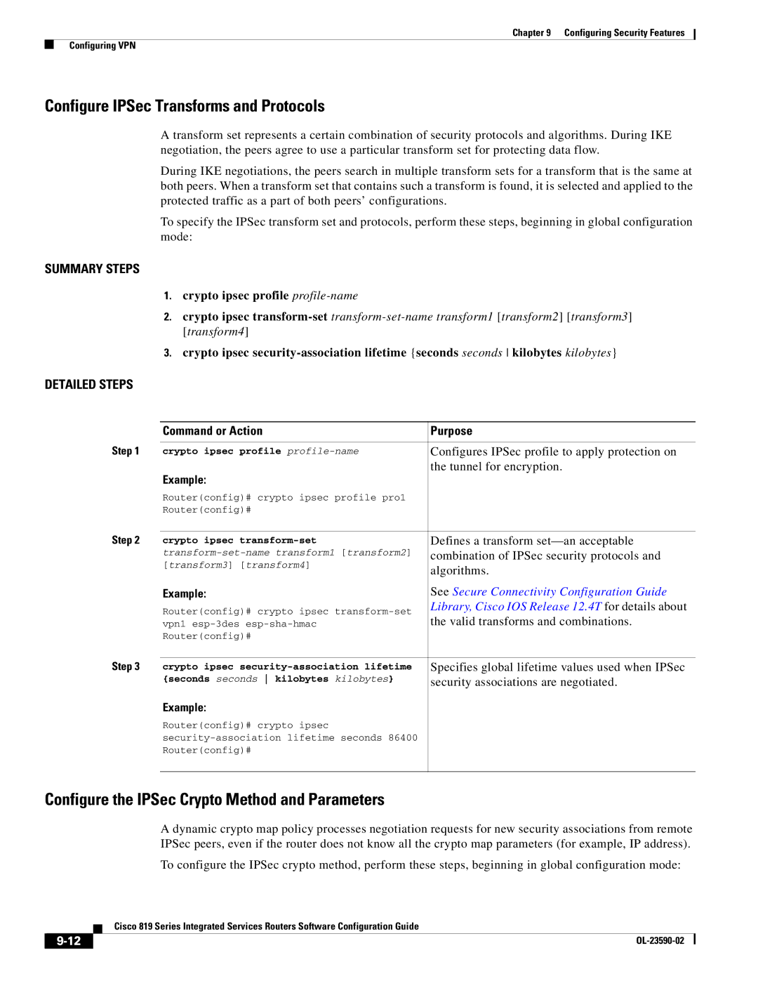 Cisco Systems C819GUK9 manual Configure IPSec Transforms and Protocols, Configure the IPSec Crypto Method and Parameters 