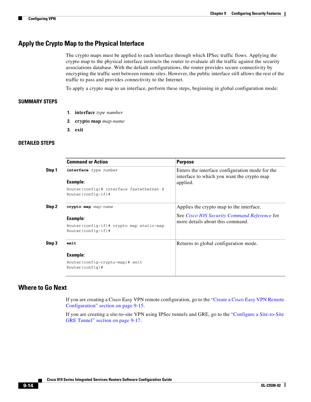 Cisco Systems C819GUK9 manual Apply the Crypto Map to the Physical Interface, Where to Go Next, Crypto map map-name Exit 